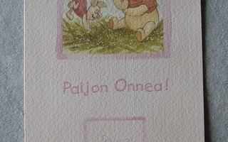 vaaleanpunainen Nalle Puh -postikortti "Paljon Onnea!"