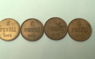 5 penniä vuosilta 1908-1917