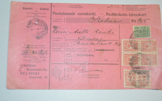 Osoitekortissa 1911 mallin postimerkkejä 7 kpl