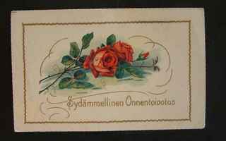 Vanha onnittelukortti vuodelta 1927, punaisia ruusuja