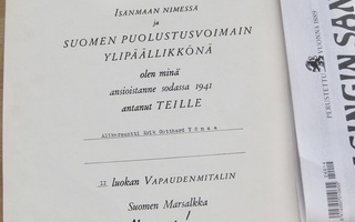 VANHA Luovari Vapaudenmitali 2. lk 1941 Mannerheim 1942