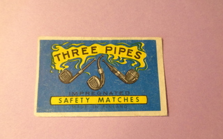 TT-etiketti Three Pipes safety matches, made in Finland