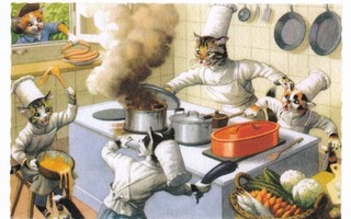 Eugen Hartung: Kissat kokkaamassa (isohko kortti)