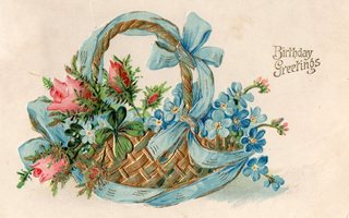 Vanha postikortti- kukkakori, kohokuva
