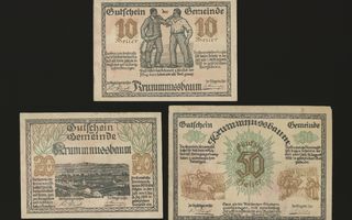 Itävalta Notgeld 10, 20, 50 Heller, Krummnussbaum