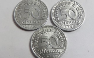 Saksa/Weimarin tasavalta 50 pfennig 3 kolikkoa
