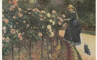 Nainen puutarhassa, ruusut