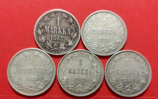 1 markka 1865, 1890. 1893, 1907 ja 1908.  Kunto 0k. (KD21)