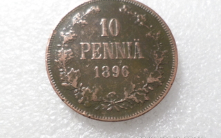 10  penniä 1896  Tasaisesti  patinoitunut  hieno raha ,