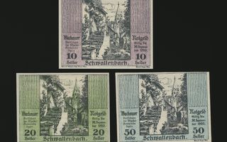 Itävalta Notgeld 10, 20, 50 Heller, Schwallenbach 1920