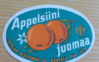Appelsiini juomaa Papulan vesitehdas Kouvola etiketti!