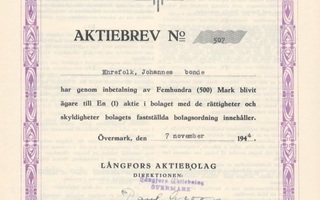 1944 Långfors Ab, Ylimarkku Övermark saha osakekirja