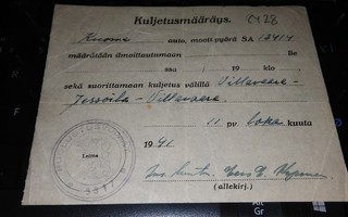 Kuljetusmääräys Villavaara-Jessoila-Villavaara 1941 PK900/18