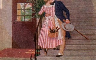 RAKKAUS / Mies suutelee tyttöä portaikossa, kissa. 1900-l.