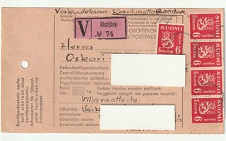 Kenttäpostipaketin osoitekortti vuodelta 1946