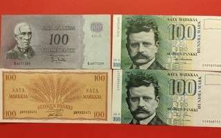 100 markkaa 1963 ja 100 mk 1957, 1986 ja 1986. (KD16)