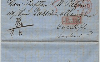 1867 maksettu kirje Uudestakaupungista Cardiff:iin Englannis