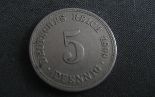 Saksa  5 Pfennig   1899 A  KM # 11 Kupari-nikkeli
