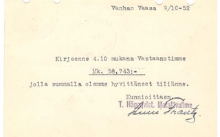 Vanhan Vaasa, v. 1952 firmakortti kotiseutukeräilijälle