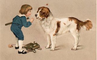 Vanha postikortti- lapsi ja iso koira