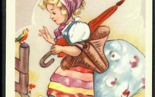 Lapsi - Tyttö ja pieni lintu - Kortti 1940-50-luvulta