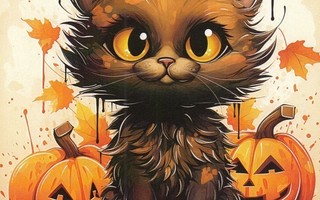 Halloween ruskea kissa ja kurpitsat