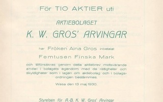 1930 K.W. Gros Arvingar Ab bla, Vaasa osakekirja