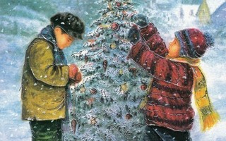 Lapset koristelevat joulukuusta (kohopainettu kortti)
