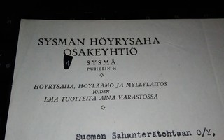 Sysmä Höyrysaha lomake 1925 PK140/8