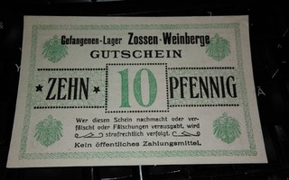 Saksa Germany 10 Pfennig Leiri Zossen Sotavanki Valuutta UNC