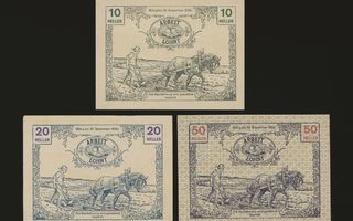 Itävalta Notgeld 10, 20, 50 Heller, Tausendlum 1920