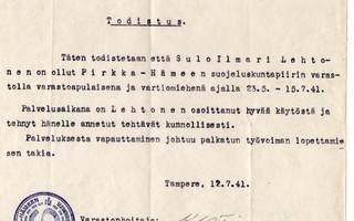 Suojeluskunta Pirkka-Häme Todistus 1941 ALE!
