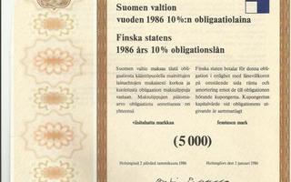 Suomen valtion 1986 10 %:n obligaatiolaina (5000 mk)