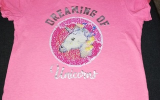 Pinkki Unicorn t-paita, koko 11-12v/152-158cm