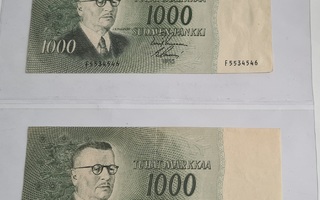 1000 mk 1955 , F5..., 2 KPL, vl I ja vl II, w.rahak.KOKOELMA