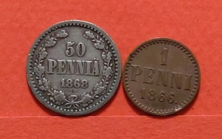 1 penni 1866 (hyvä kunto) ja 50 penniä 1868. (KD19),