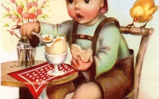 LAPSET / Poika syö kananmunaa, tiput katselevat. 1950-l.