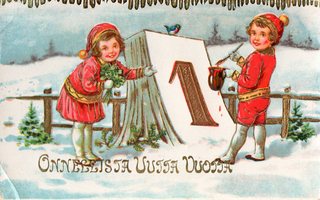 Vanha postikortti -lapset ja Uudenvuoden toivotus