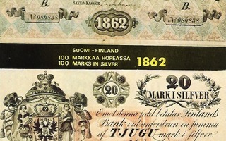 Rahakortit 1862, 20 markkaa ja 100 markkaa hopeassa