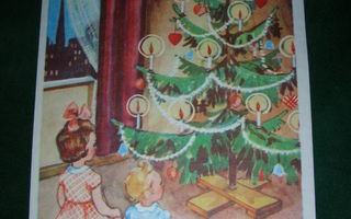 2 vanhaa joulukorttia, joissa myös joulumerkit