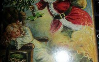 Nostalgia joulukortti : joulupukki ja nukkuva tyttö