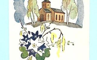 Vanha kortti: Kirkko mäellä, sinivuokot ja valkovuokot