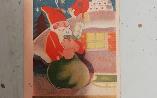 Vanha postikortti ( joulupukki ja tonttu )