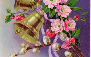 Vanha pääsiäiskortti-kukat ja kellot