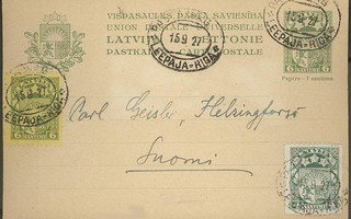 Latvia 1927 ehiökortti lisämerkeillä Suomeen - postivaunu