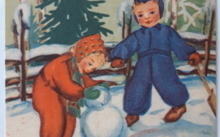 Airi Kari vanha joulukortti, lapset lumileikeissä