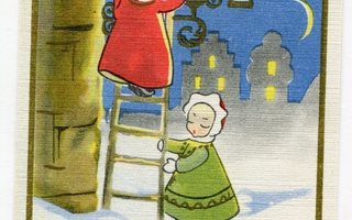 Joulu - Vanha ruotsalainen postikortti - Tytöt ja lyhdyt