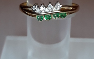 Kultasormus timanteilla ja smaragdeilla