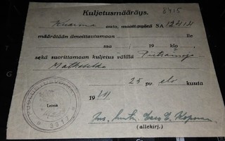 Kuljetusmääräys Piitsainoja-Matkaselkä 1941 PK900/18