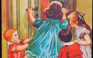 Jenny Nyström - Lapset kurkistaa ovesta kuusen koristelua